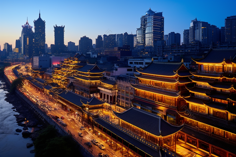 霓虹灯夜景城市旅游中式建筑,高清,摄影图,摄影图片,图片大全,摄影图免费下载